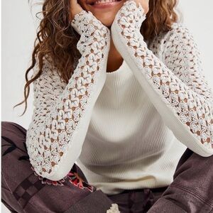 Free People White Clemente High Neck Lace Sleeve Top